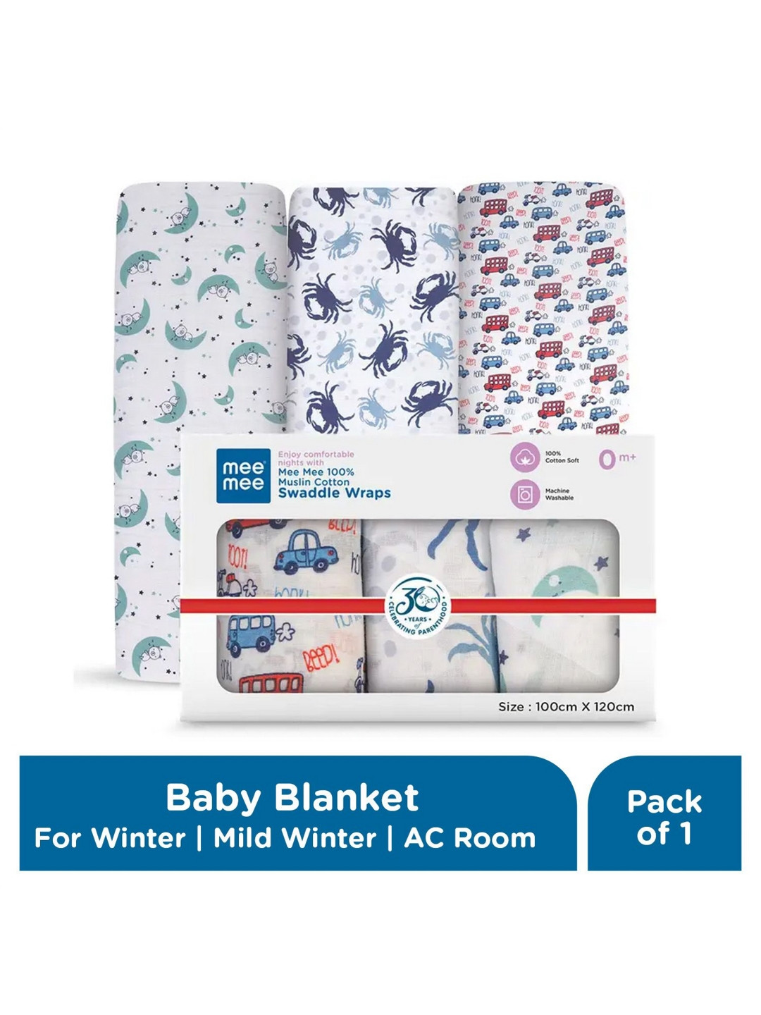 MeeMee Kids White & Blue 3 Pieces Floral Printed Cotton Mild Winter Blankets