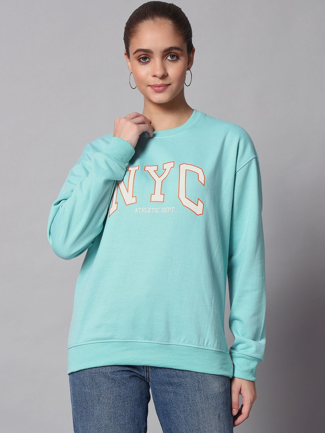 CORSICA Women Turquoise Blue Graphic Printed Pullover Sweatshirts