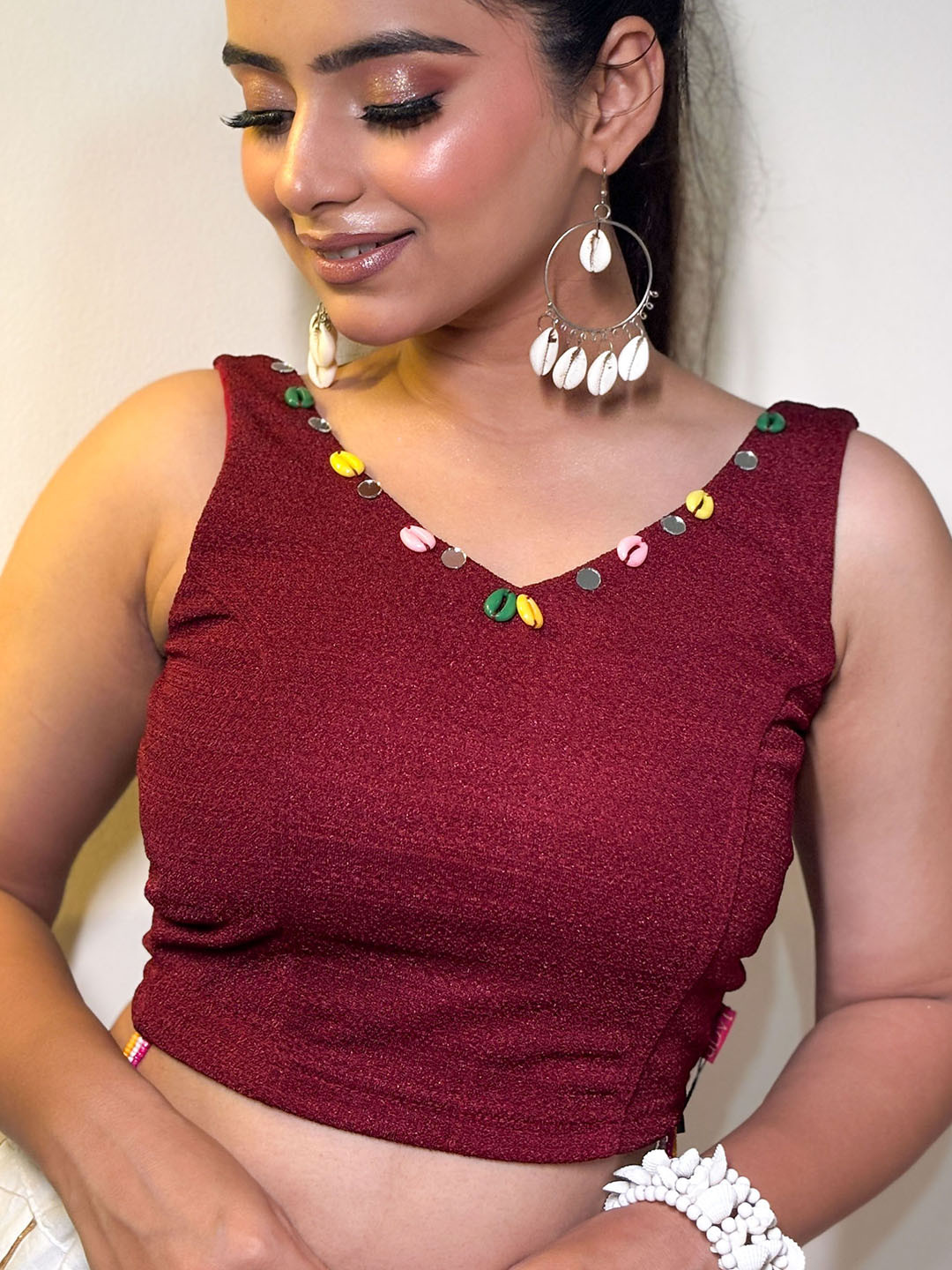 Bindigasm's Advi Women Embellished Mirror Work V-Neck Stretchable Saree Blouse