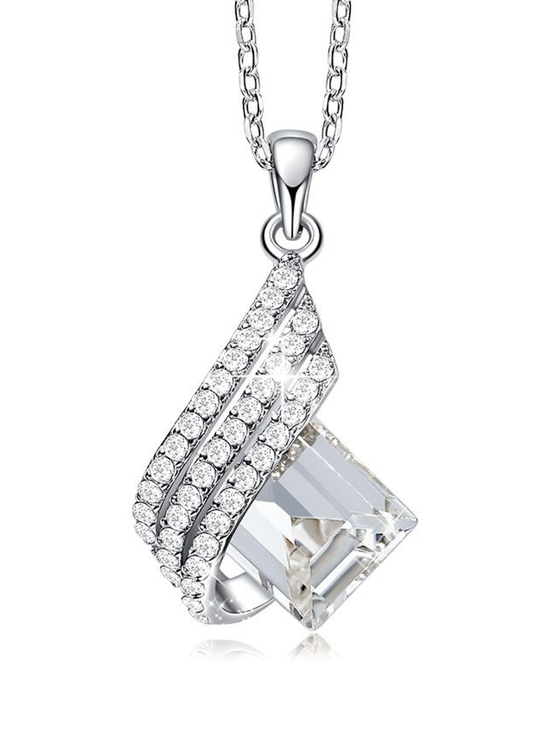MYSTICFLAVIA Sterling Silver Rhodium-Plated Crystal Studded Square Pendant With Chain