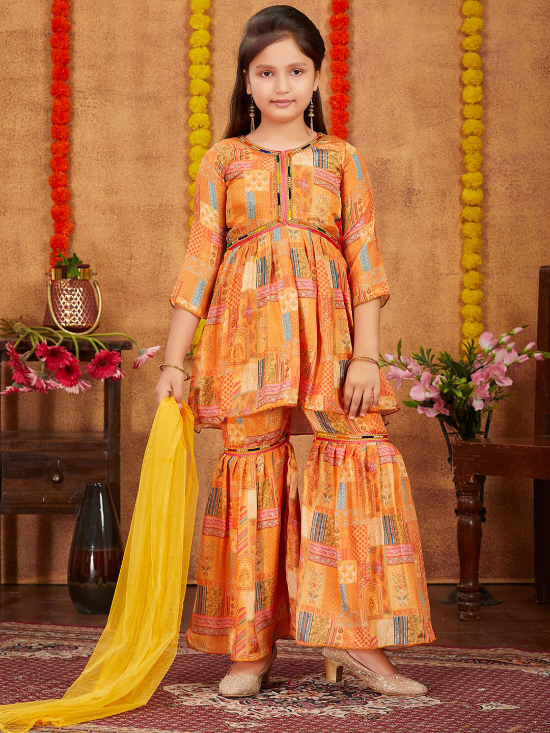 BAESD Girls Yellow Colour Print With Lace Work Art Silk Ethnic Wear Kurti Sharara Set