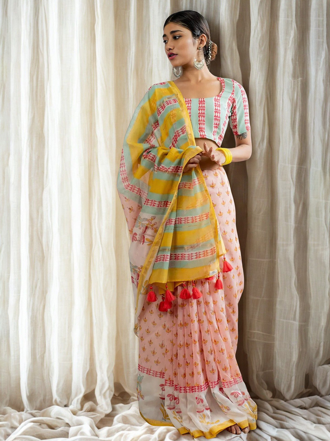 Jinal & Jinal Ethnic Motifs Printed Chanderi Saree With Blouse