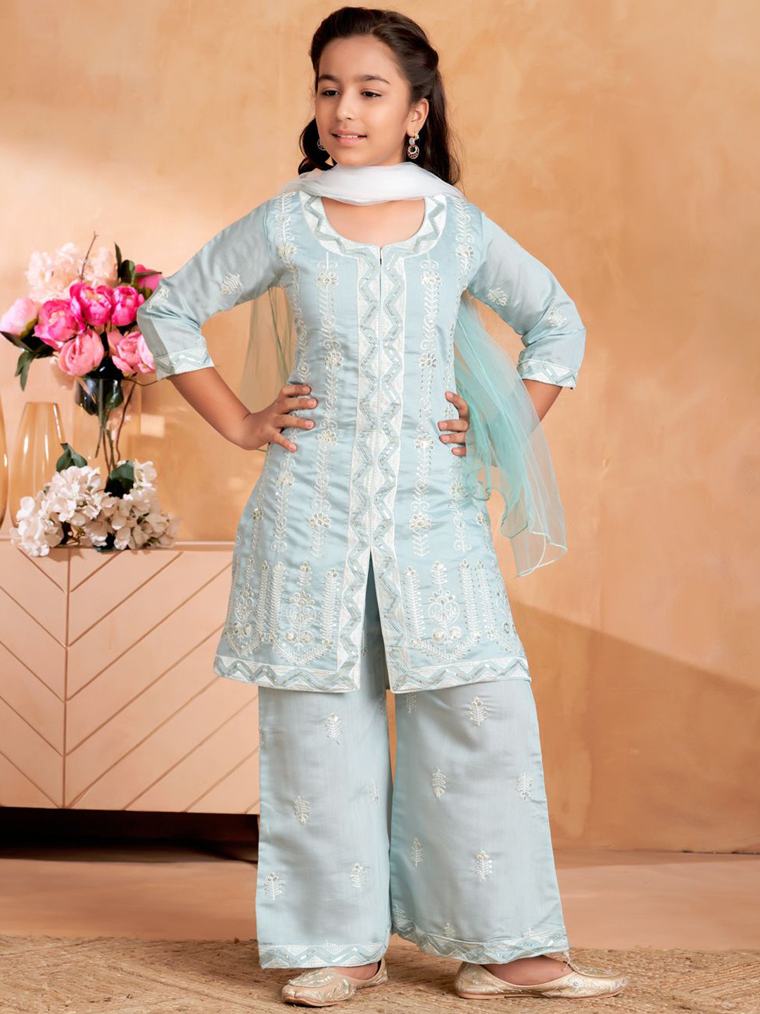 BAESD Kids Girls Art Silk Embroidered Kurta Set With Palazzo & Dupatta