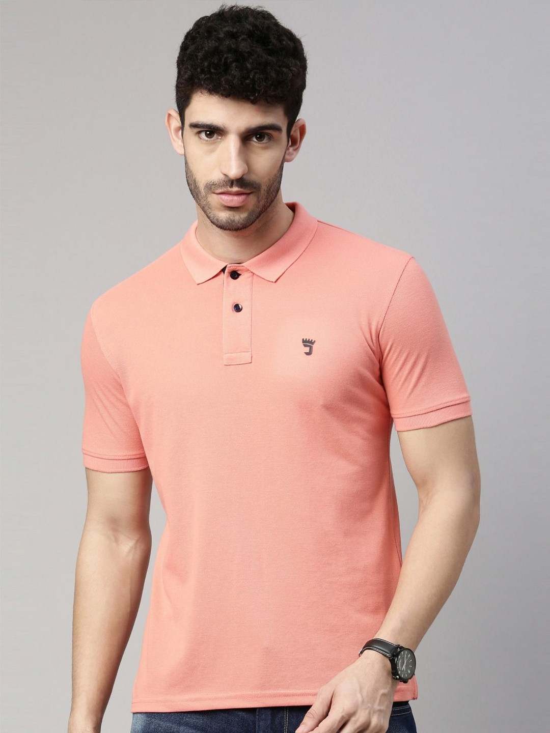 Joven Men Brand Logo Printed Polo Collar Cotton T-shirt