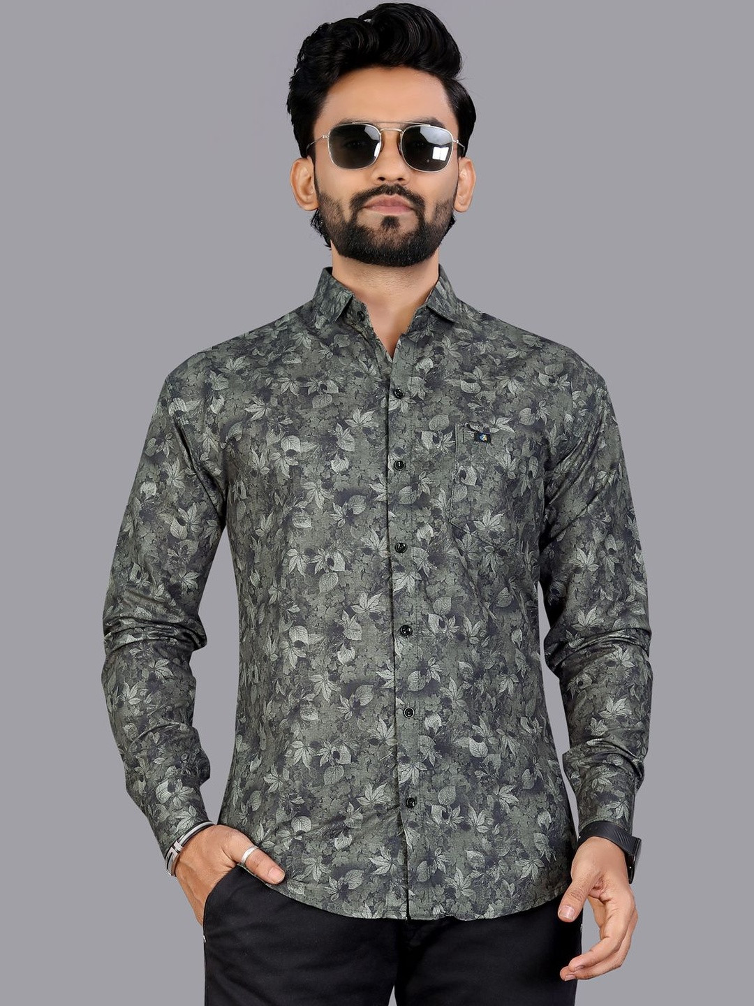 Pure Cotton Men Green Printed Casual Wear Slim Fit Cotton Shirt