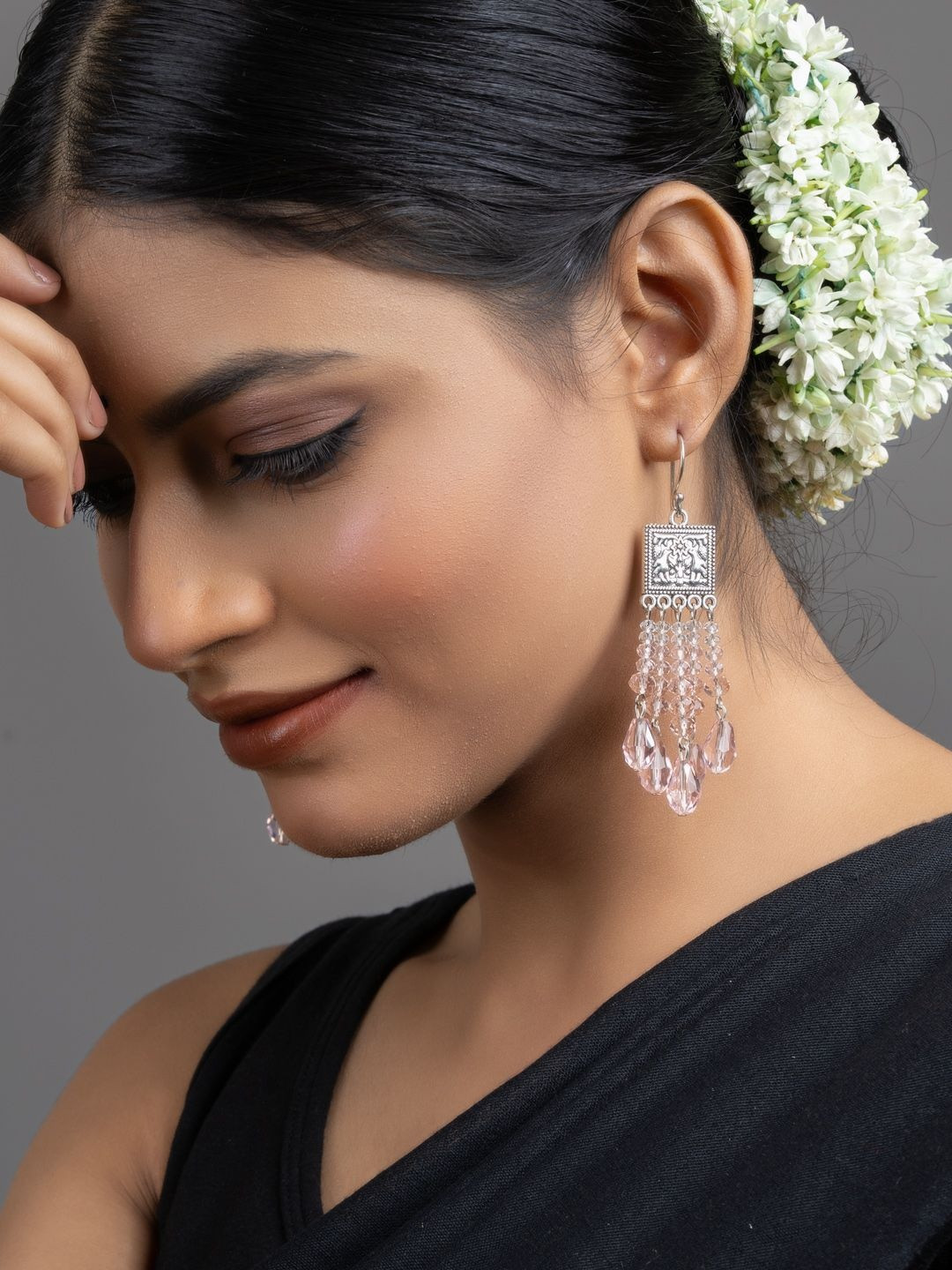 Look and Adorn Silver Plated Square Rose Pink Crystal Earrings