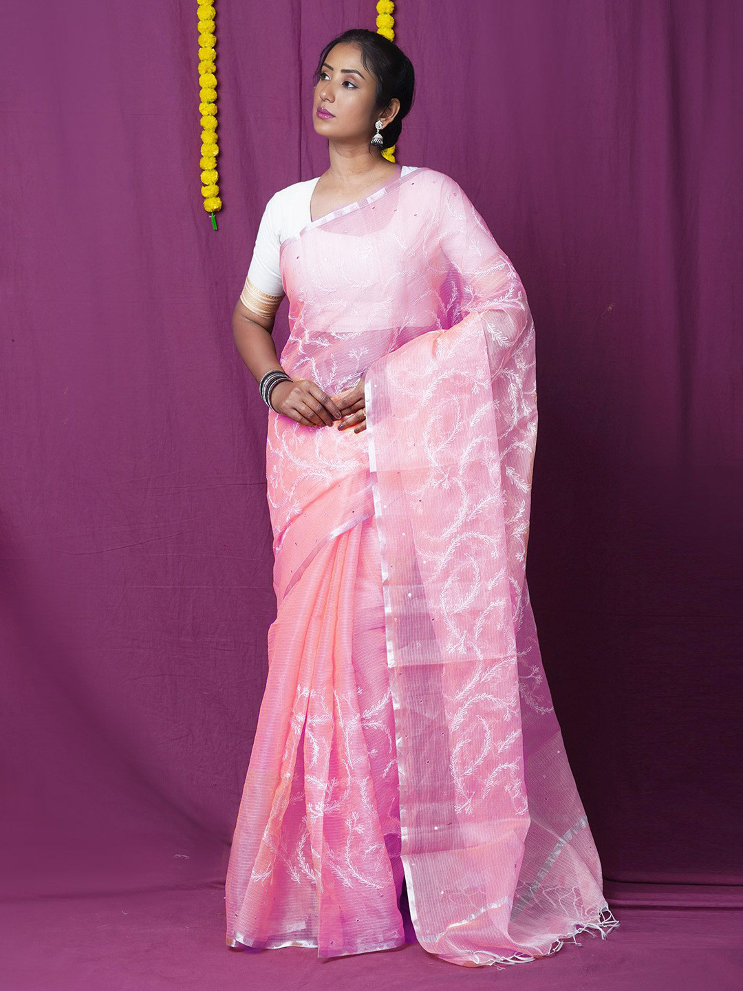 Unnati Silks Floral Embroidered Net Designer Kota Saree With Unstitched Blouse Piece