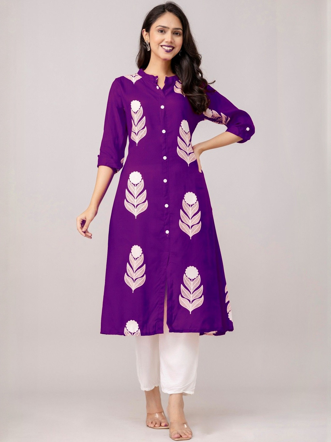 RA Creation Women Purple Leaf Printed Shirt Collar Pure Cotton Kurti