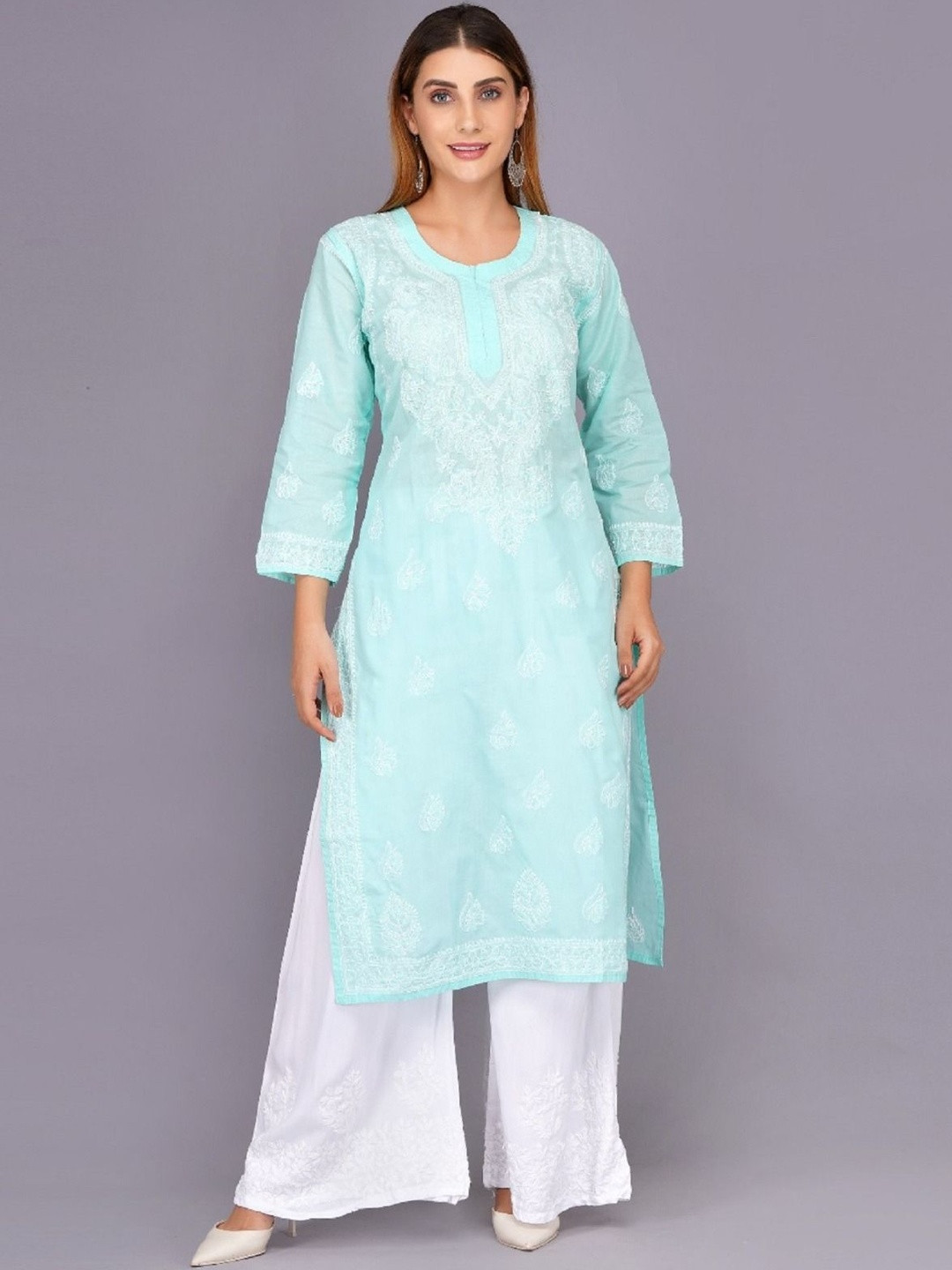 MRS RIGHT Ethnic Motifs Embroidered Round Neck Chikankari Pure Cotton Kurta With Sharara