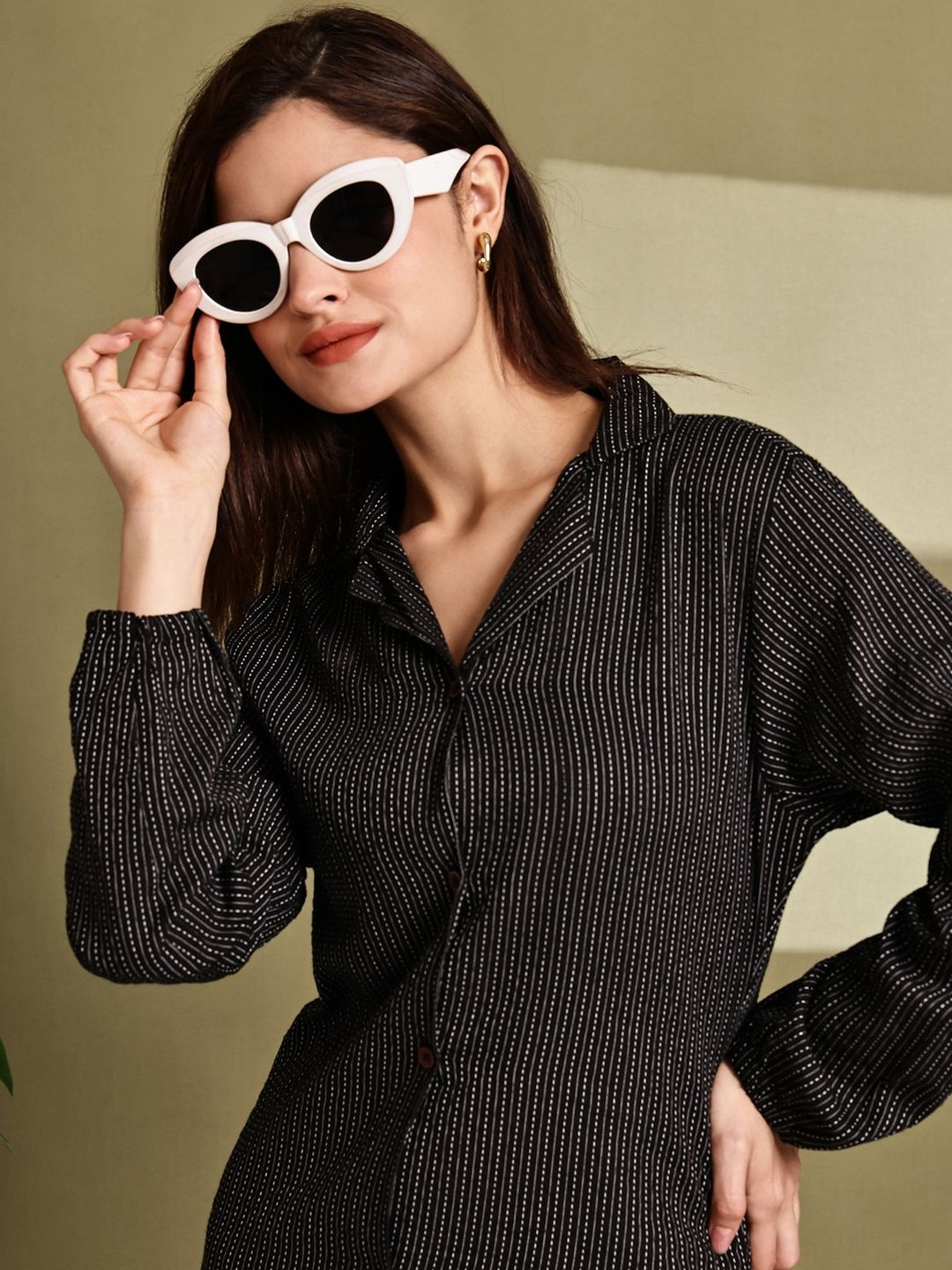 CORSICA Women Black Striped Cotton Casual Shirts