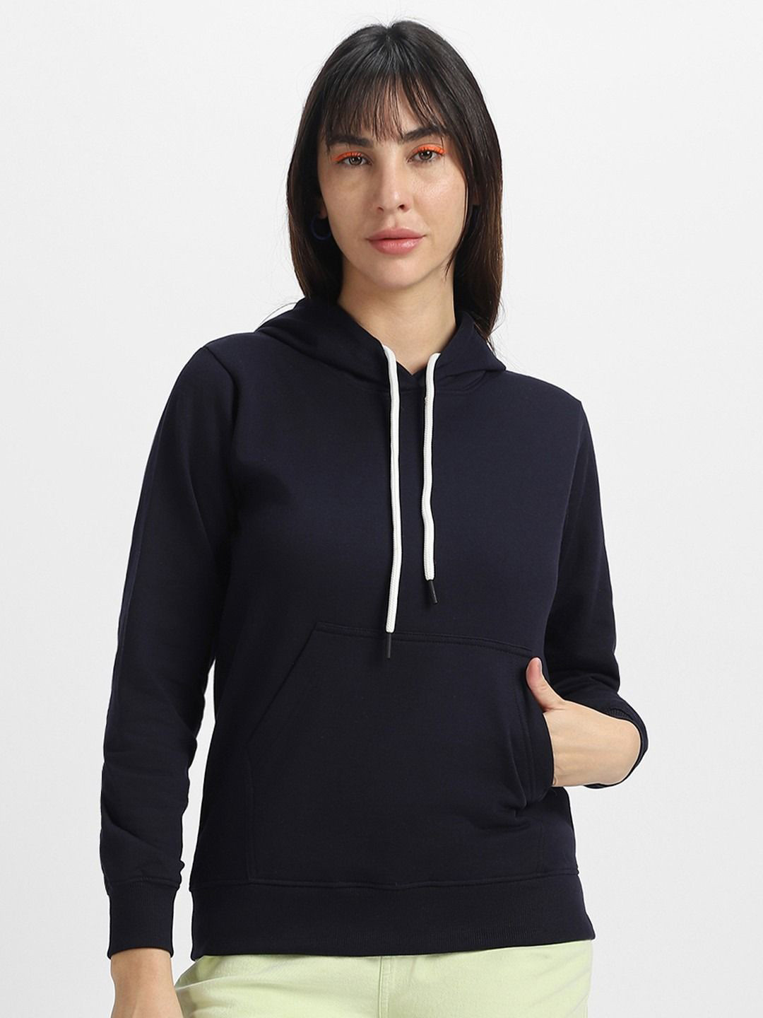 Mast & Harbour Women Navy Blue Regular Cotton Fleece Long Sleeve Hoodie