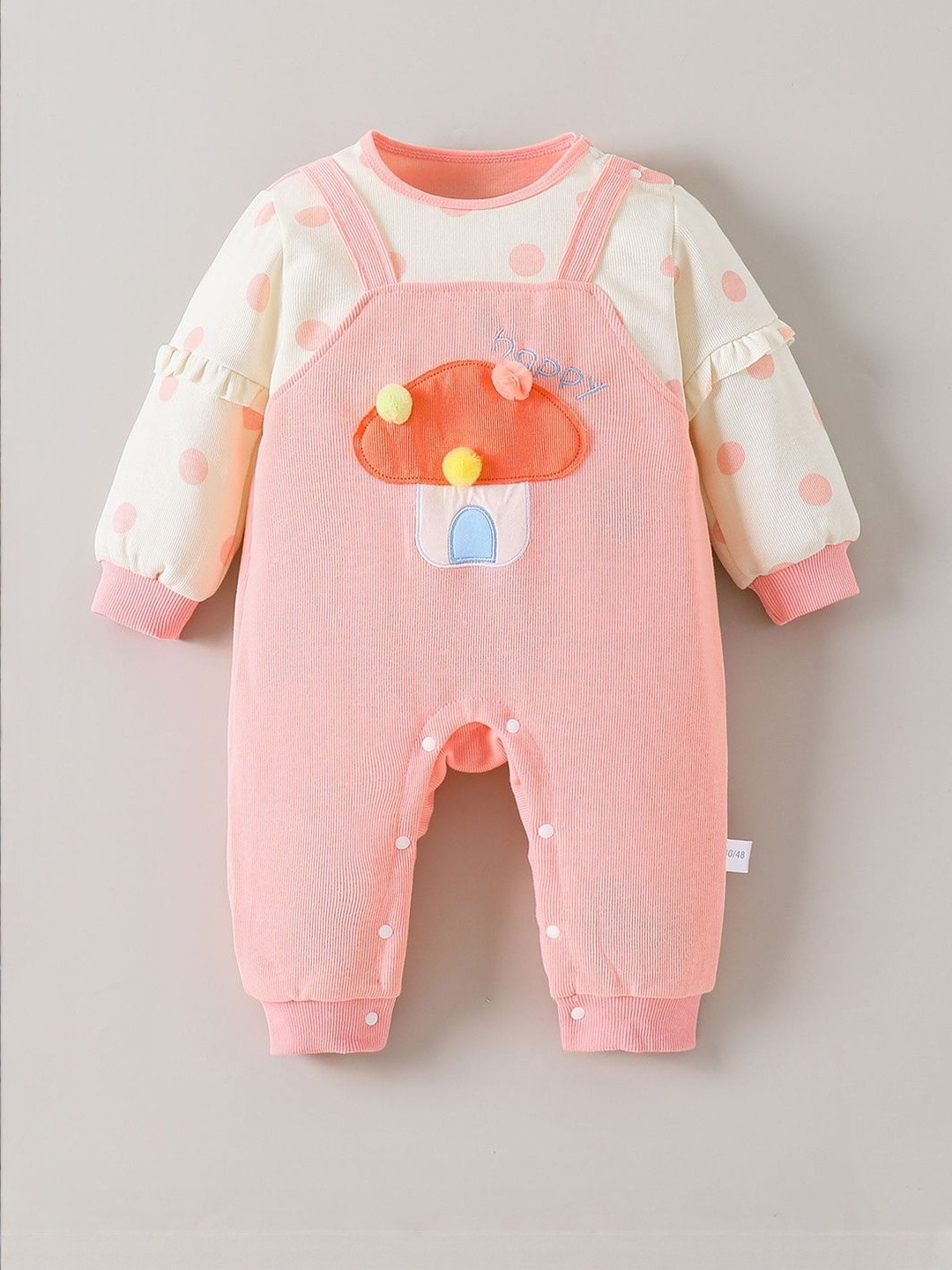 Hopscotch Girls Pink & Off-White Round Neck Mushroom Detail Layered Cotton Bodysuit