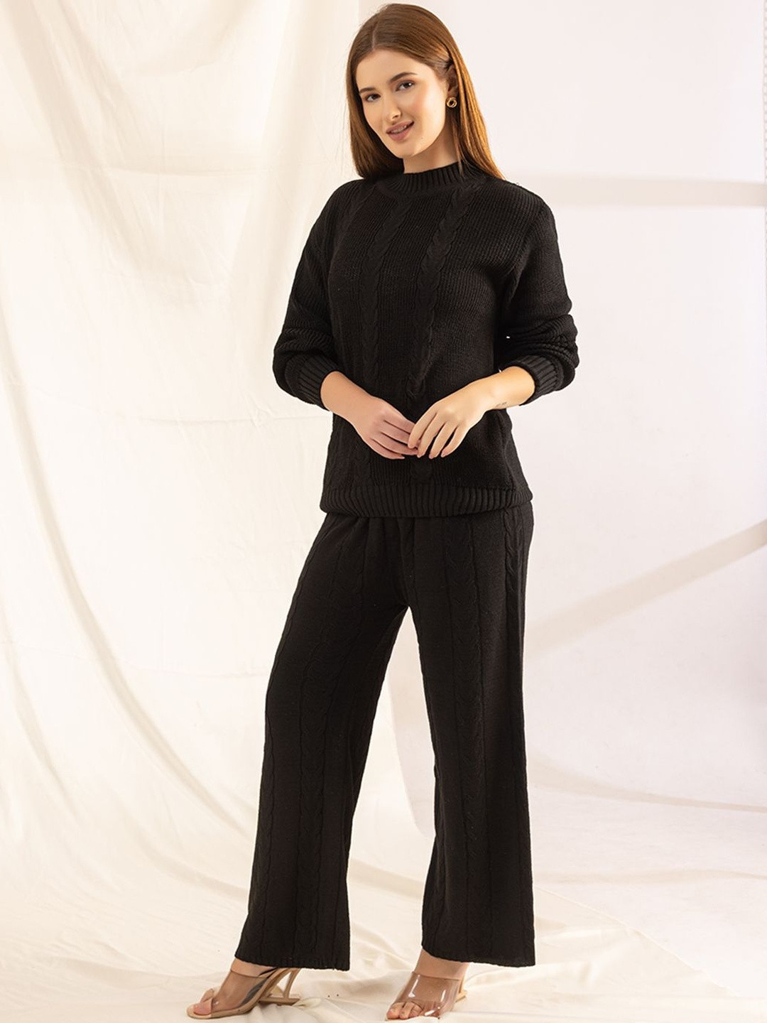 Roadster Women Self Design Woolen Sweater & Wide-Leg Trousers Co-Ords