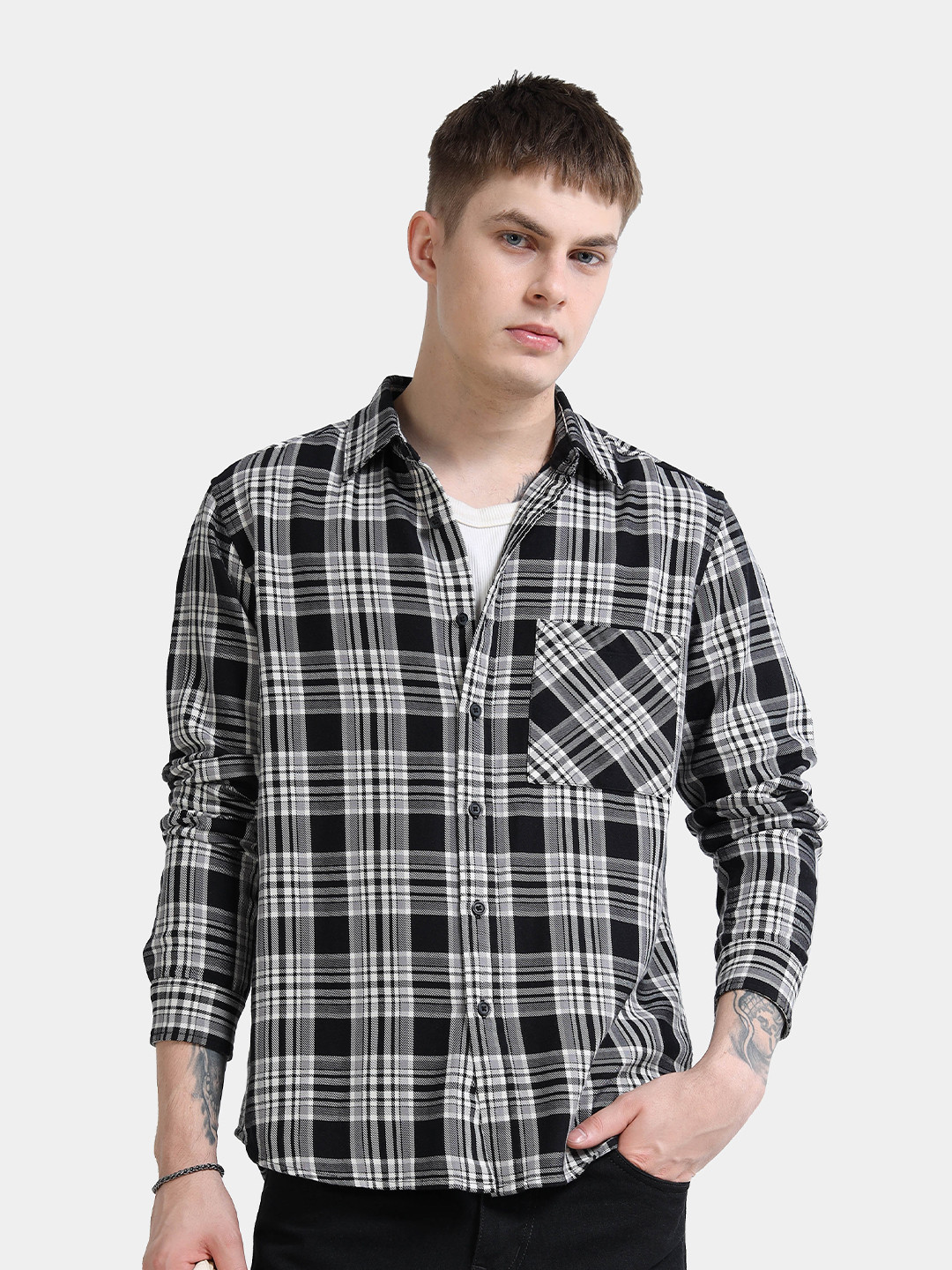StitchX Men Long Sleeve Back-Side Printed Twill Checkered Shirt Black Grey