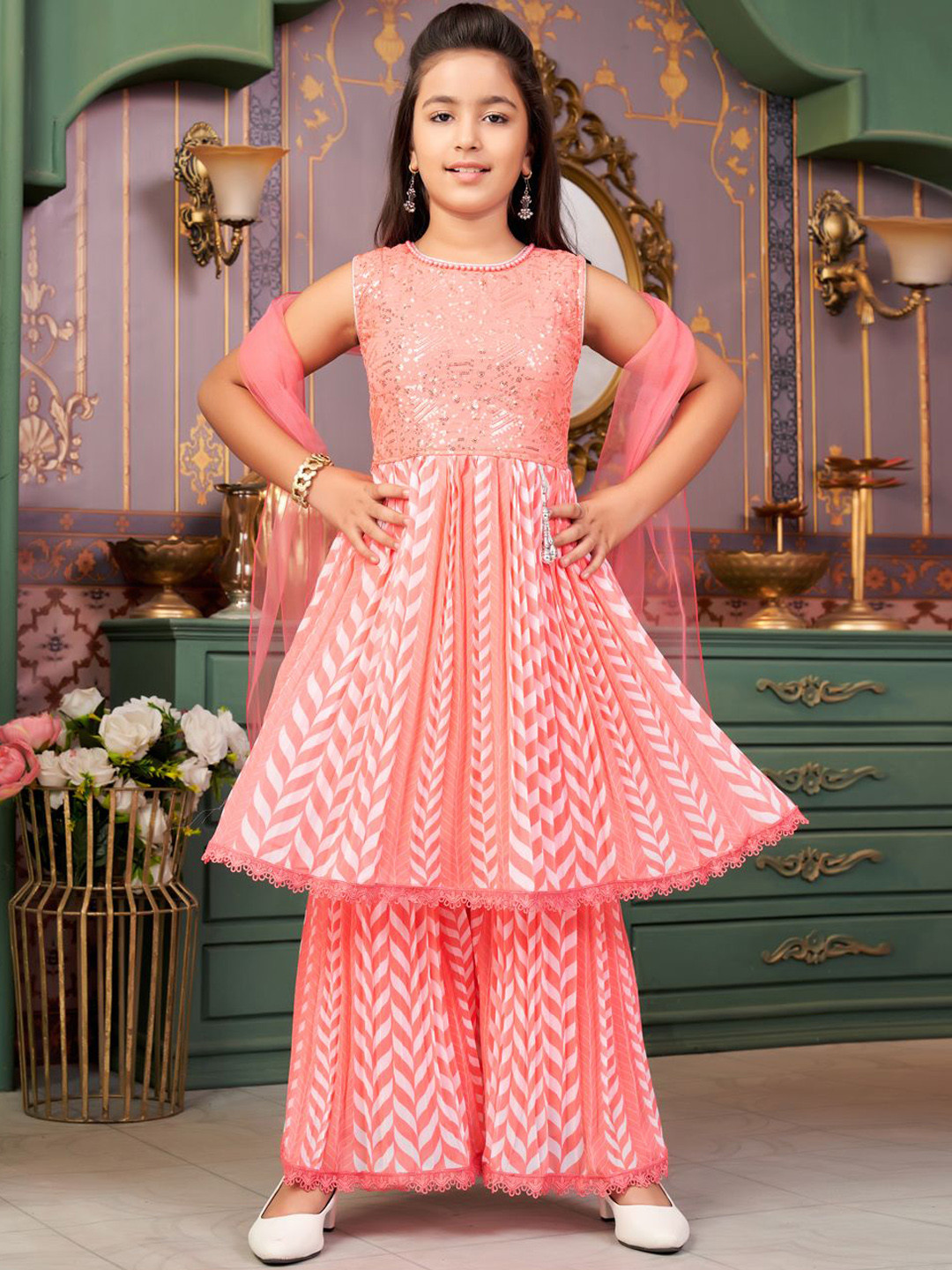 BAESD Girls Pink Beads Sequins Embroidery Georgette Kurti Sharara Set With Dupatta