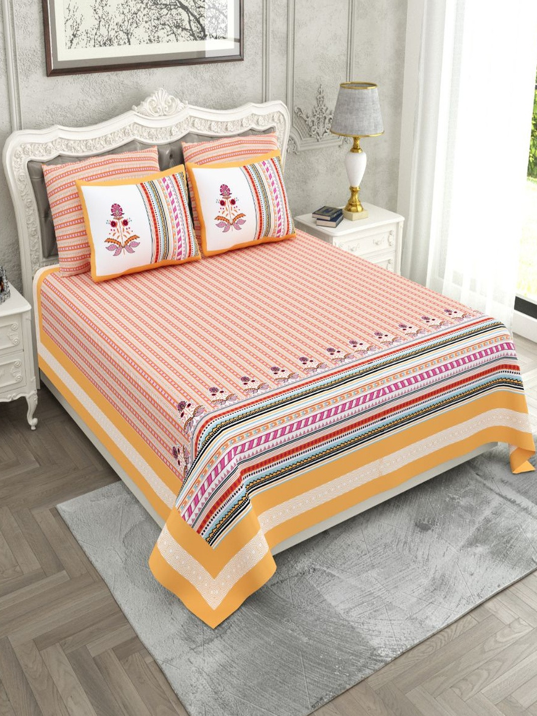 Myntra Elegant Homes Yellow 260 TC Superfine Ethnic Motifs Cotton Super King Bedsheets