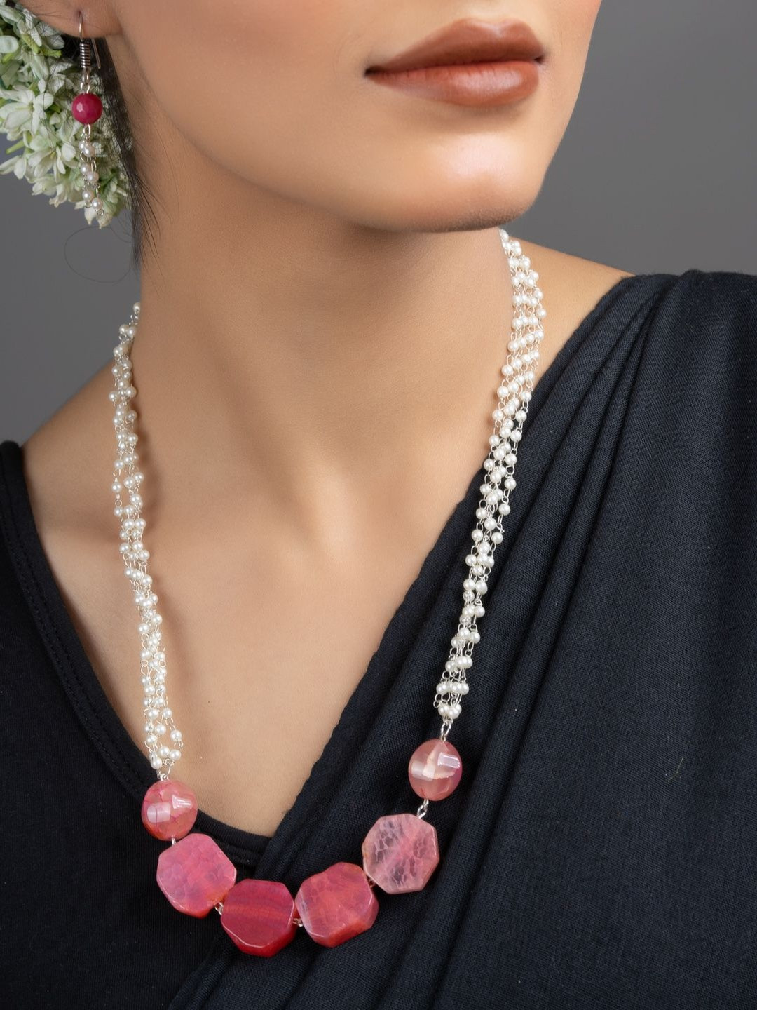 Look and Adorn Women Pink Onyx Faux Pearl Chain Necklace With Earrings