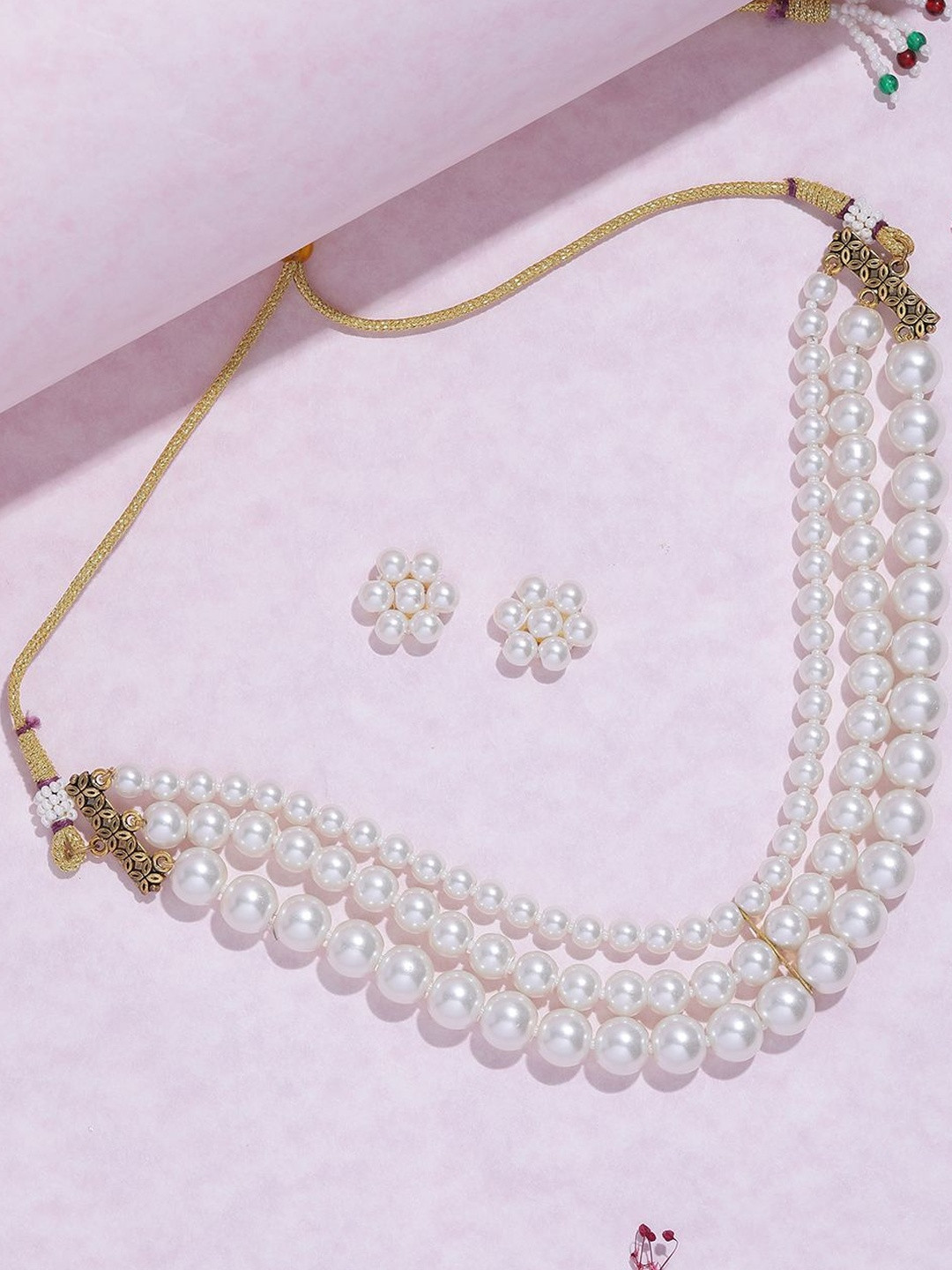 DressBerry Women Gold-Plated White Pearls Lyered Choker Necklace and Earrings