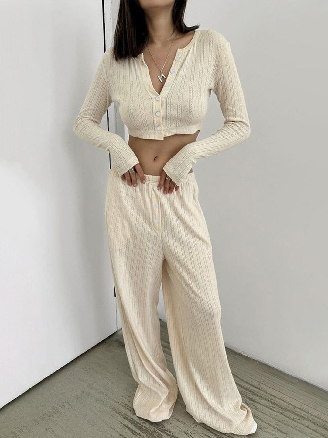 LULU & SKY Buttoned Pointelle-knit Top And Pyjamas