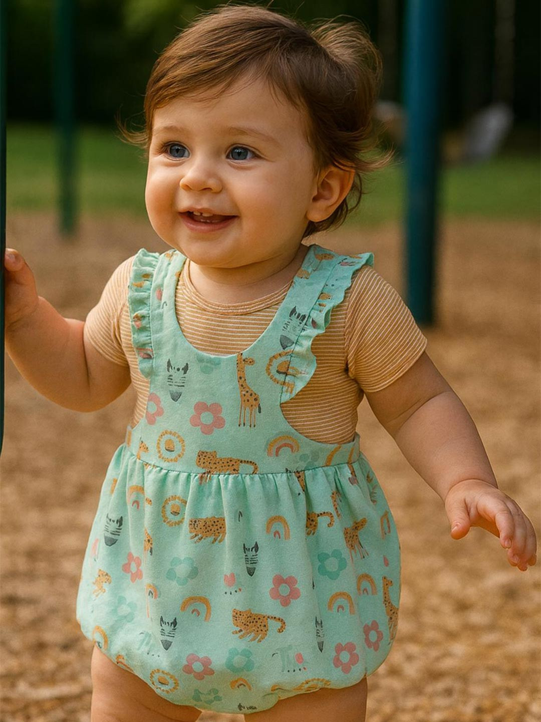 MeeMee Girls Printed Cotton Interlock Dungaree Set with T-Shirt Set