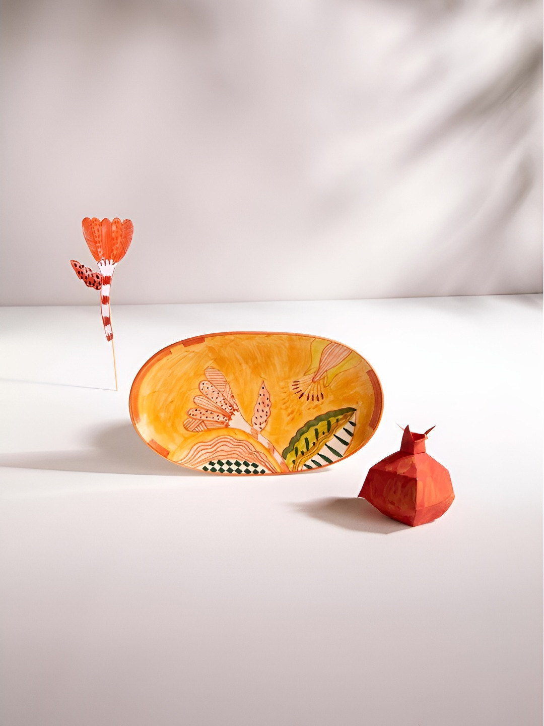 FREEDOM TREE Yellow & Red Arakta Printed Ceramic Oval Serving Tray