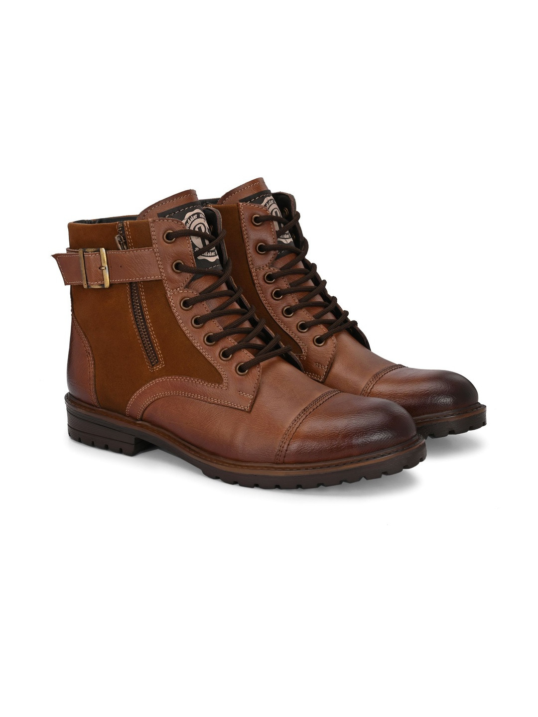 Roadster Men Tan High Top Round Toe Lace Up Synthetic Biker Rugged Boots