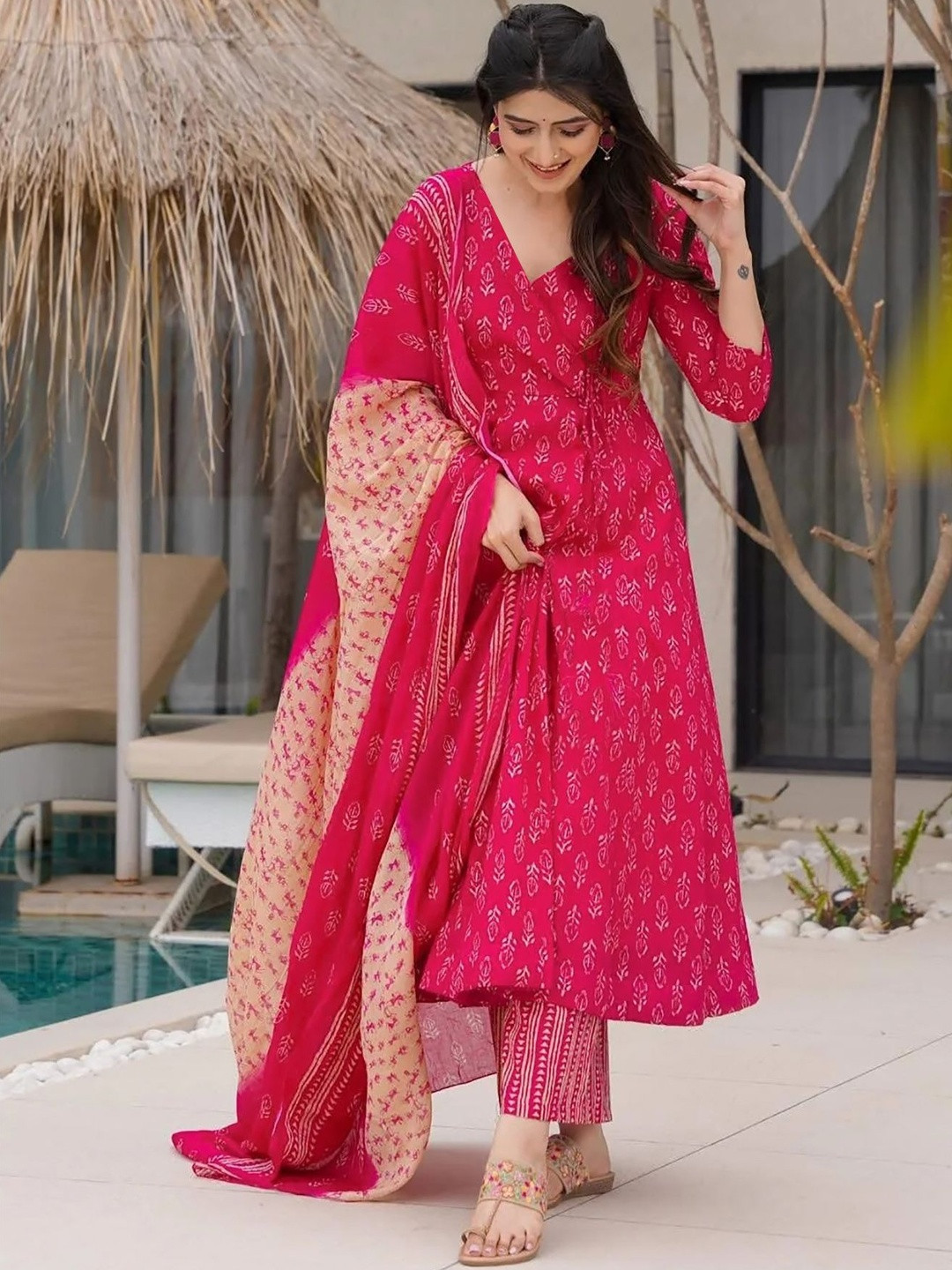 Kedar Fab Printed V-Neck A-Line Kurta With Trousers & Dupatta