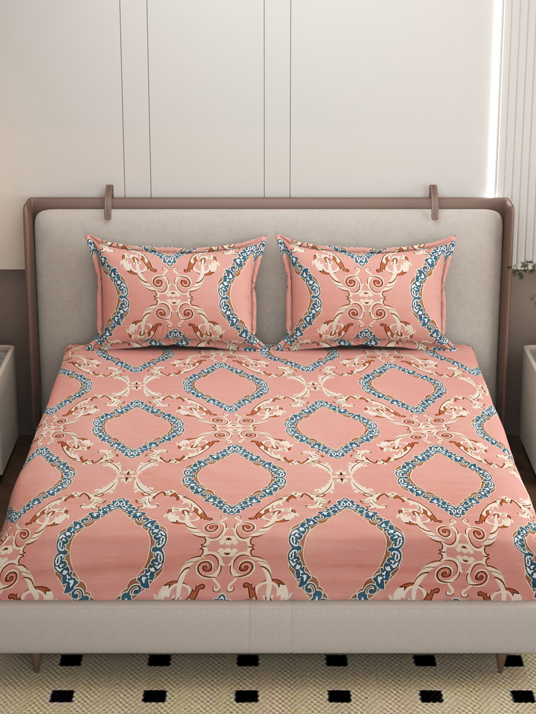 Homio  Caprese Peach Printed Queen Bedsheet Set 1.9 m x 1.8 m