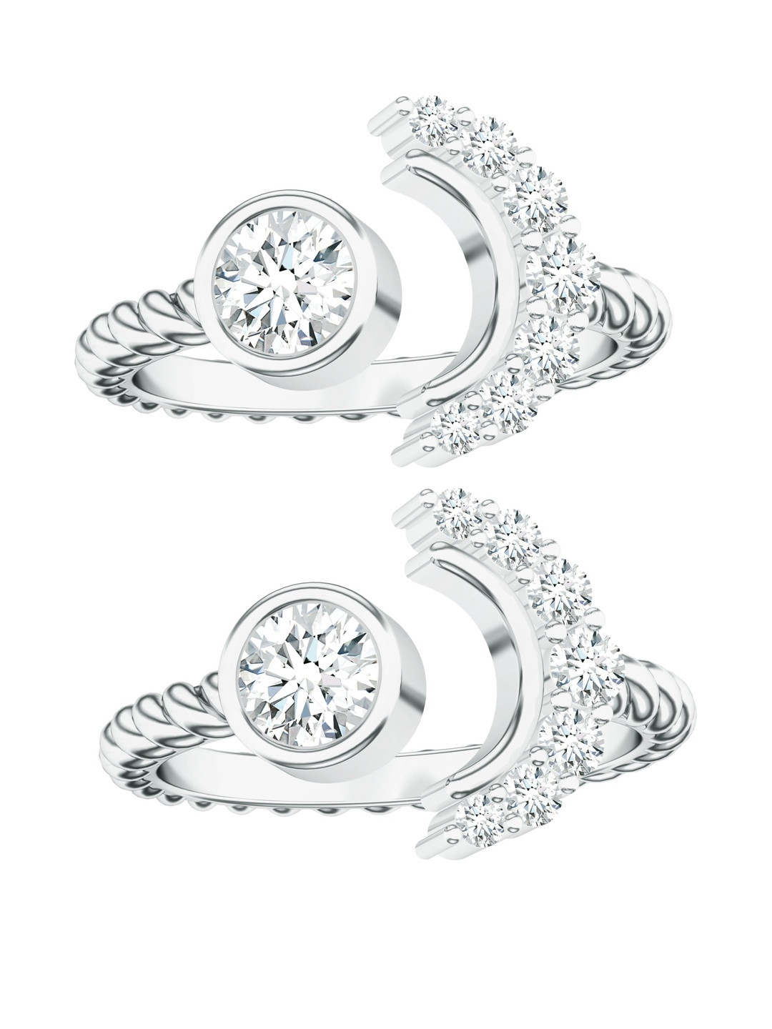 Kicky And Perky Set Of 2 Sterling Silver Rhodium-Plated Moissanite Studded Toe Rings