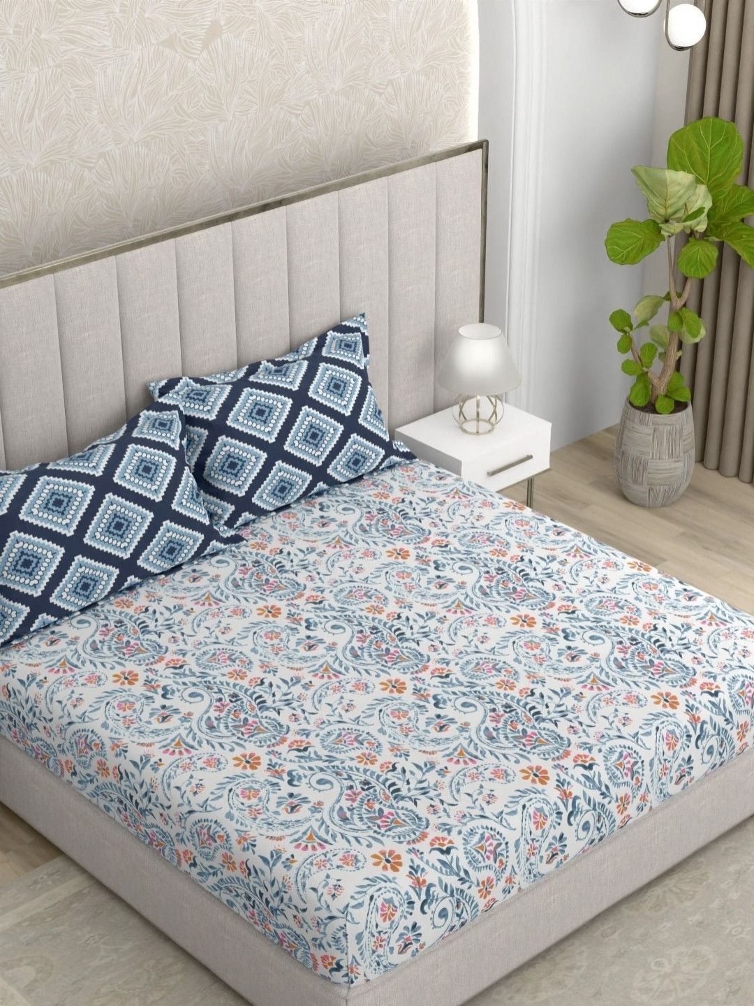 Pure Decor Glory Blue & White Ethnic Pure Cotton 180 TC King Double Bedsheet-2.54 mx2.74 m