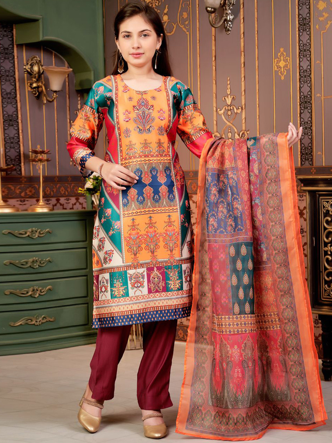 BAESD Girls Art Silk Round Neck Embellished Satin Ethnic Wear Kurta Sets