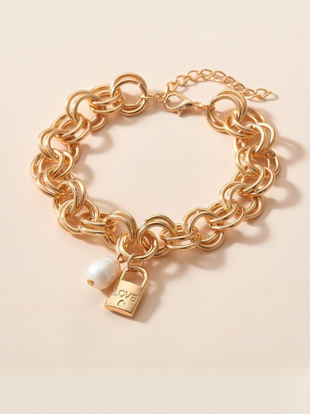 Arzonai Women Pearls And Lock Charms Link Bracelet