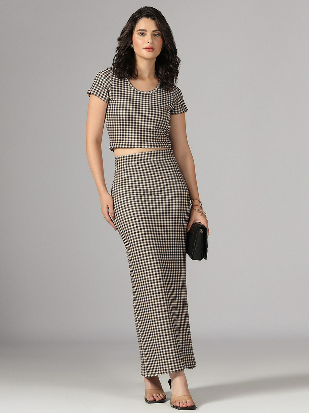Selvia Edge Checked Round Neck Crop Top With Maxi Skirt Co-Ords
