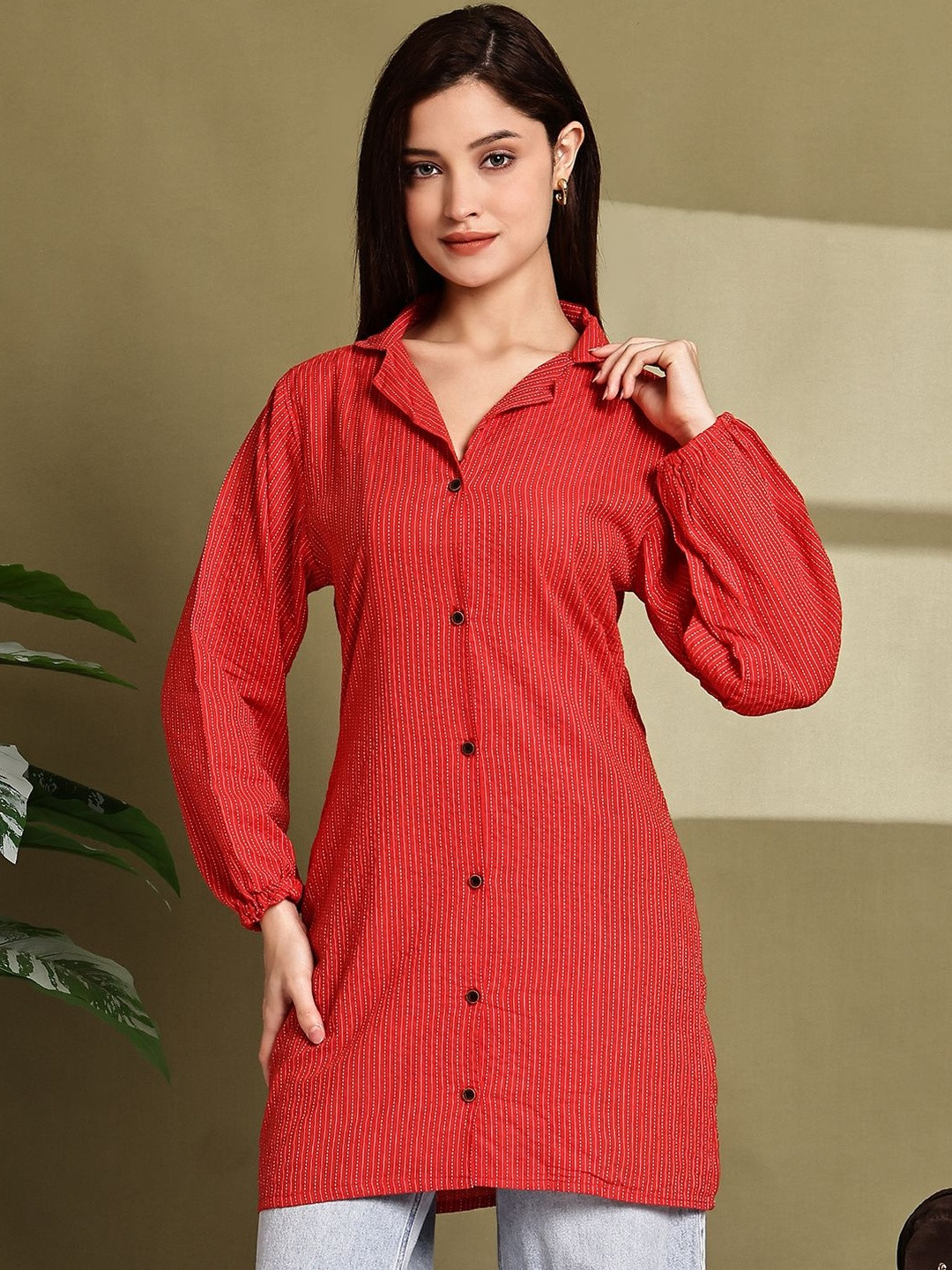 CORSICA Women Red Striped Cotton Casual Shirts