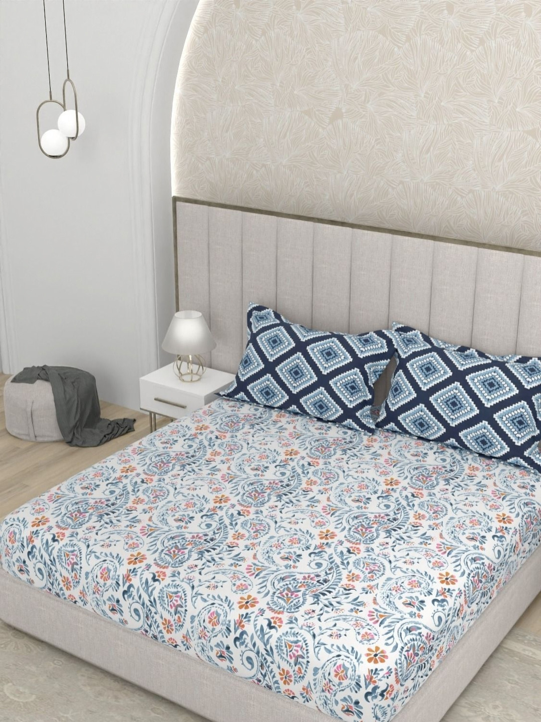 Pure Decor Pearl Blue Ethnic Pure Cotton 180 TC King Bedsheet Set-1.82mx1.93mx22.86cm