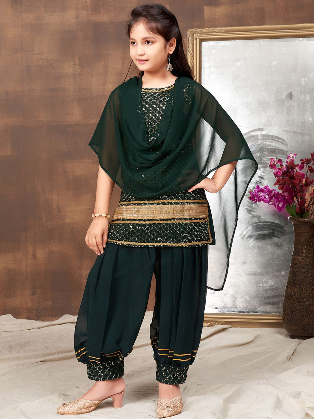 BAESD Girls Green Georgette Sequin Embroidery Lace Work Ethnic Wear Kurti Patiala Set