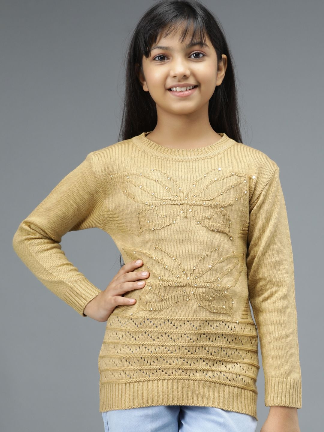 TRENDY WORLD Girls Self Design Round Neck Woolen Pullover