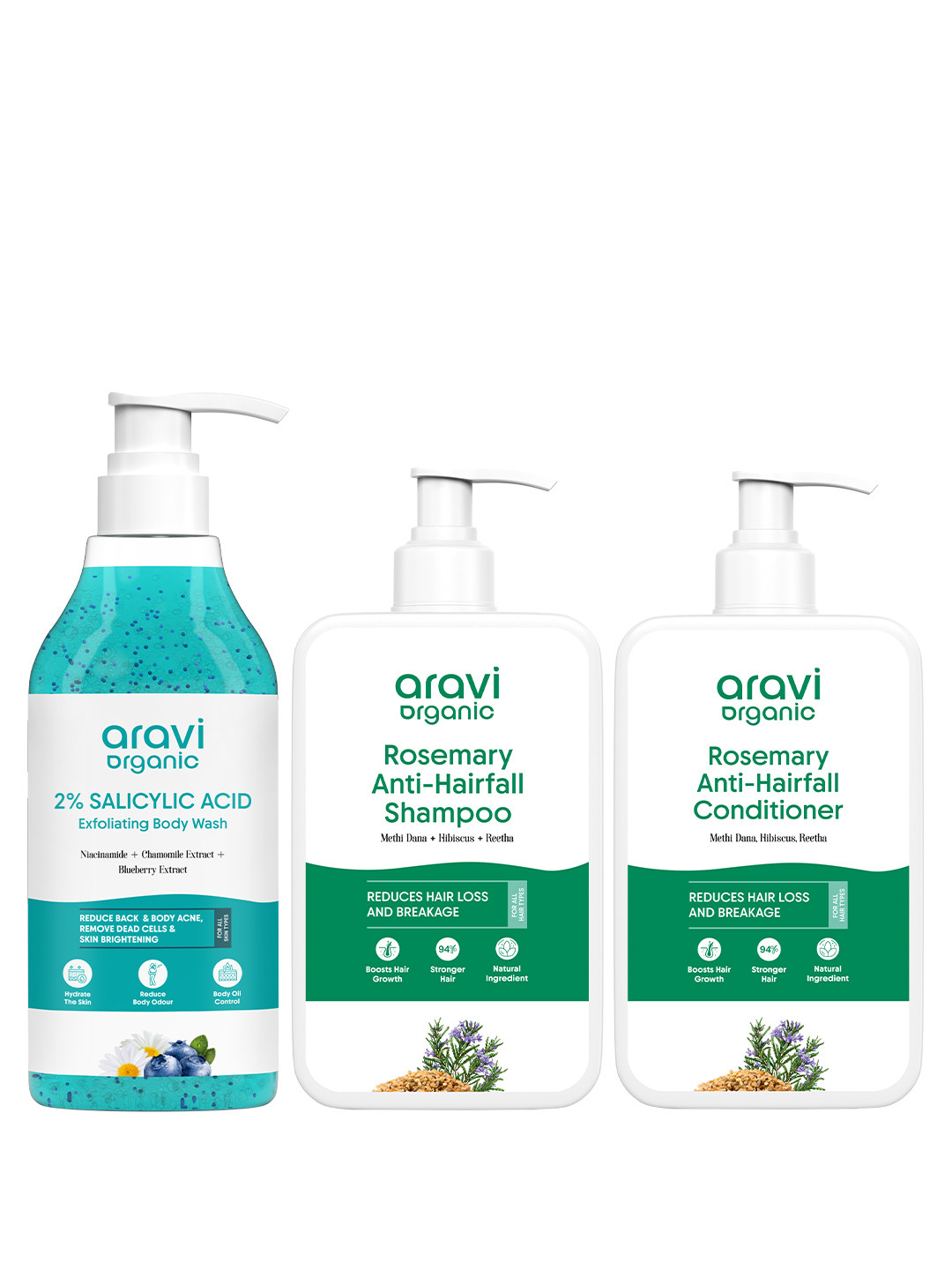 Aravi Organic Set Of 3 Exfoliating Body Wash- 300 ml- Rosemary Shampoo & Conditioner-200ml