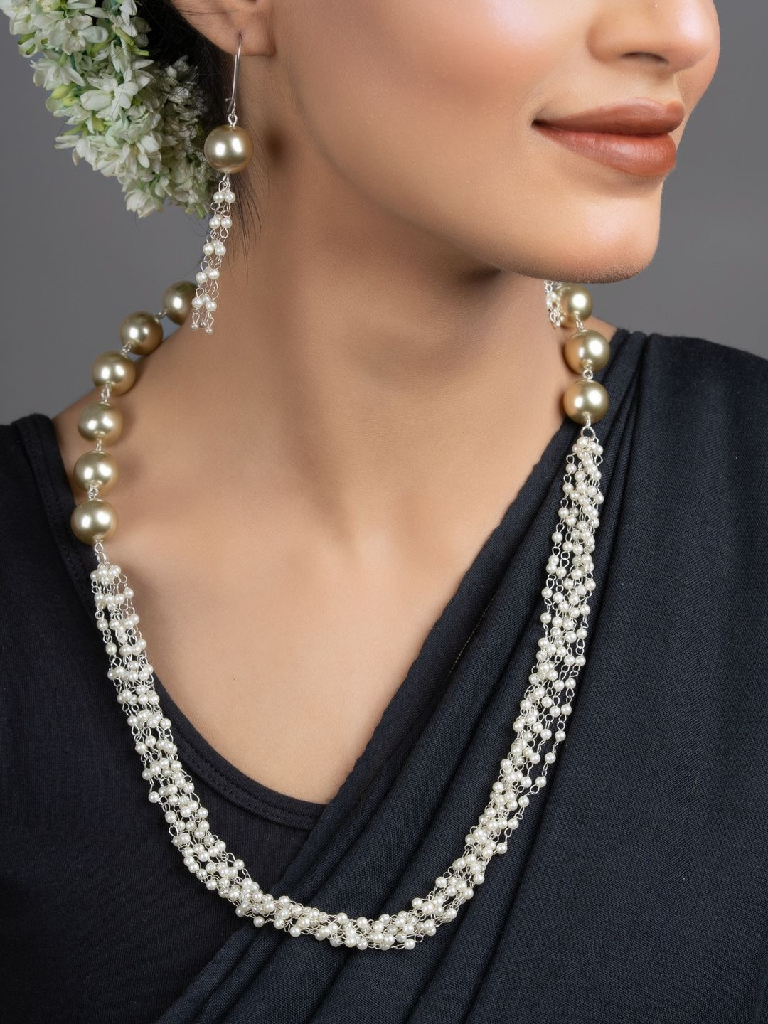 Look and Adorn Women German Silver Pearl Chain with Earring Jewellery Set