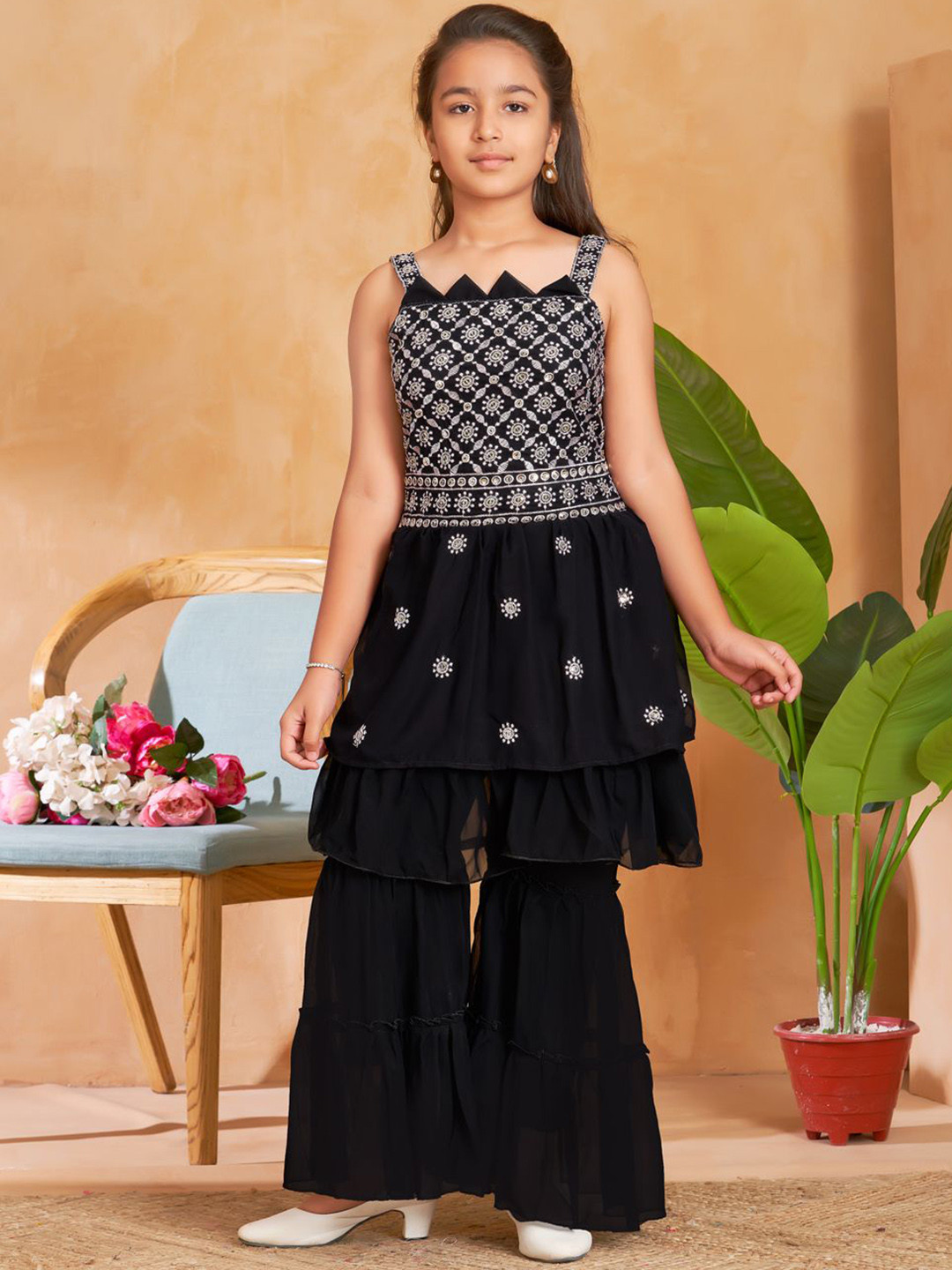 BAESD Girls Black Georgette Thread Embroidery Ethnic Wear Kurti Sharara Set
