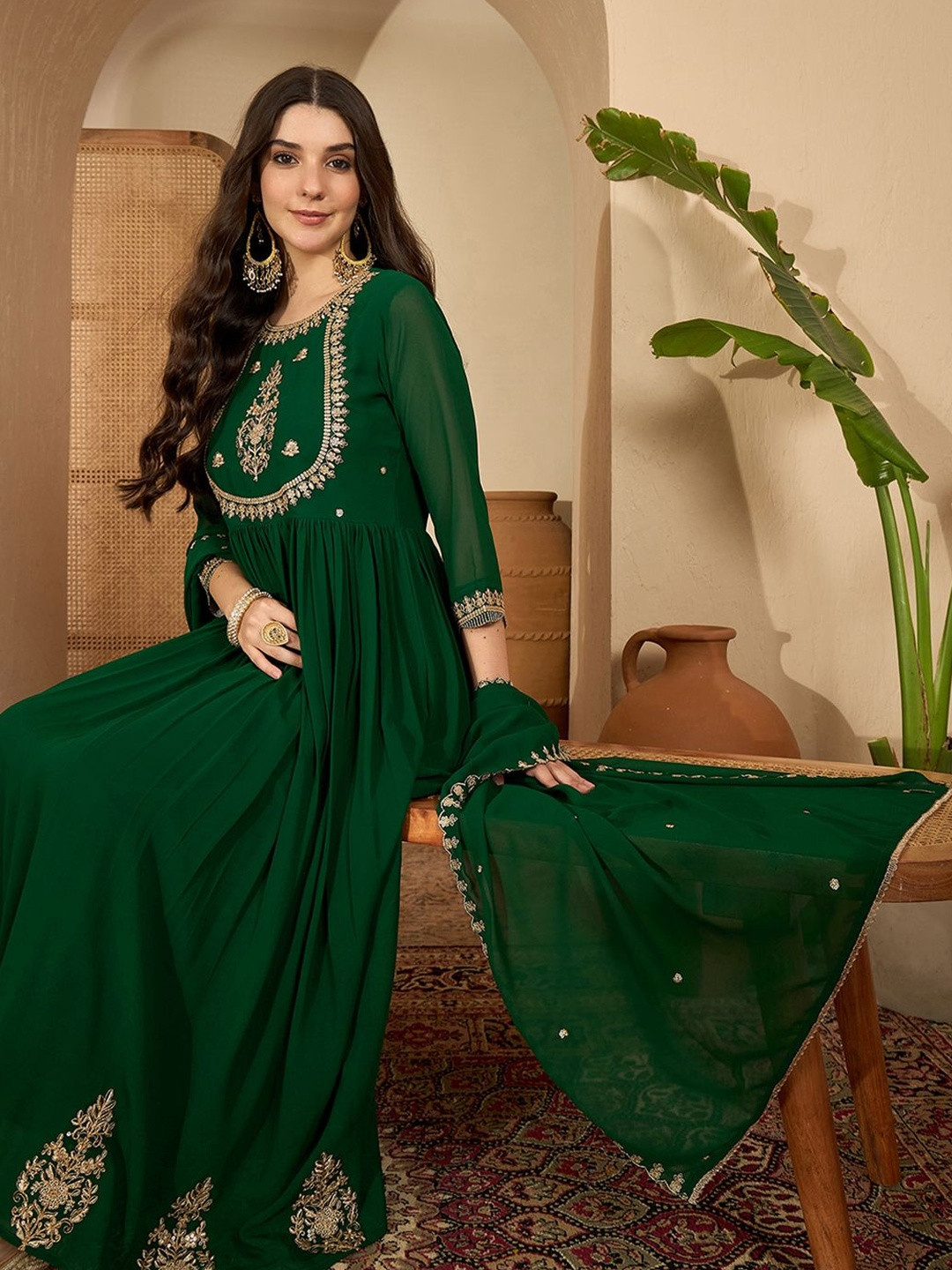 Sangria Women Ethnic Motifs Embroidered Tiered Thread Work Kurta with Trousers & With Dupatta