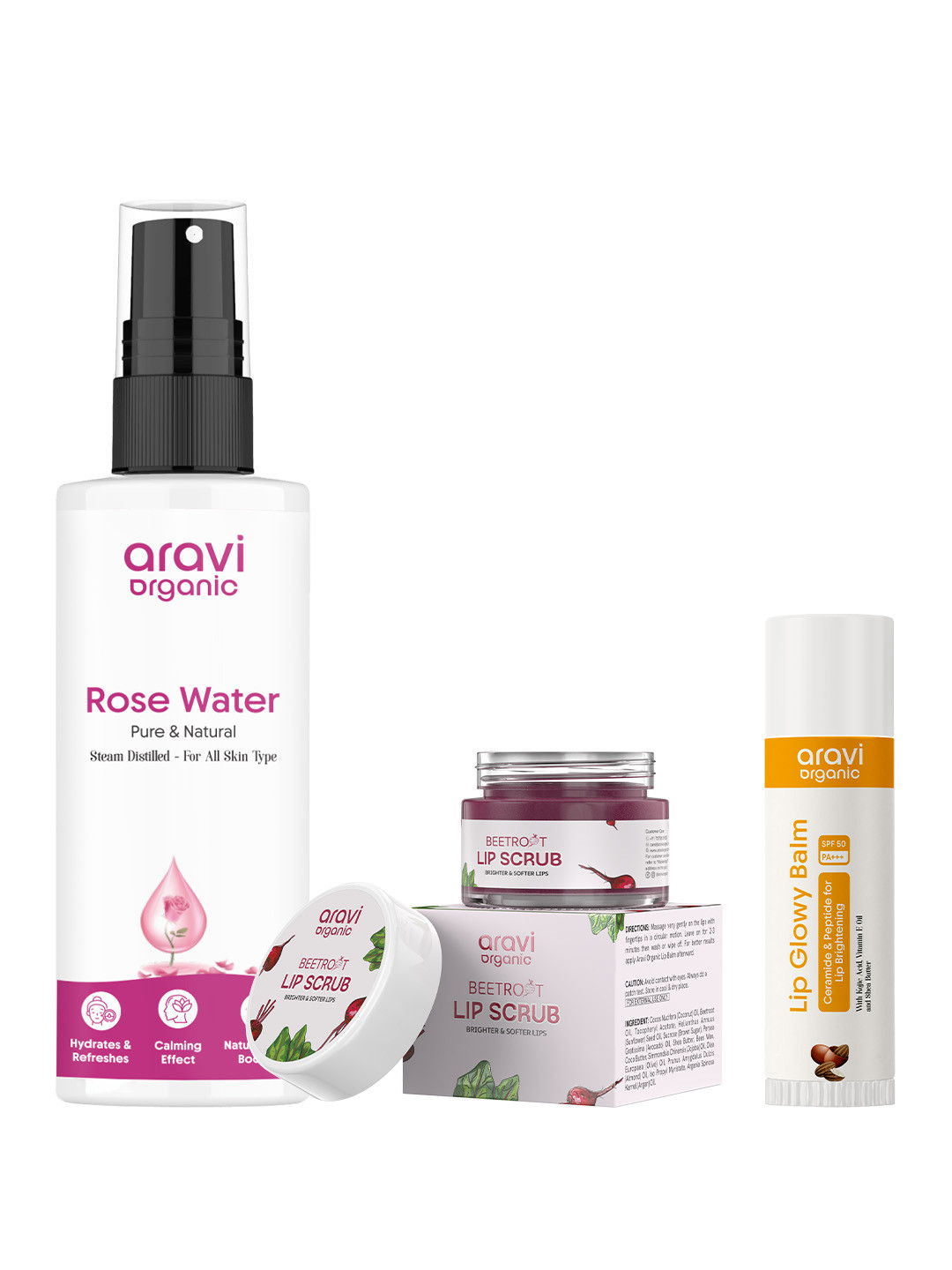 Aravi Organic Set Of 3 Rose Water - 150 ml, Lip Scrub - 15 g & Non-Tinted Lip Balm - 5 g