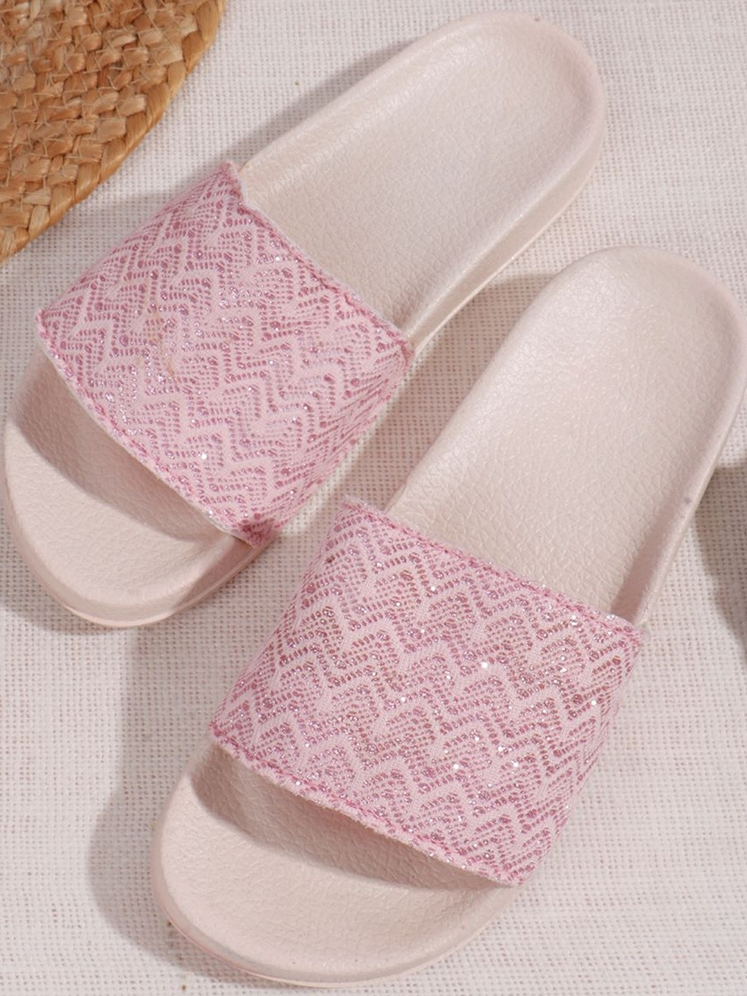 Kook N Keech Women Pink & Off-White Printed Open Toe Synthetic Slip On Sliders