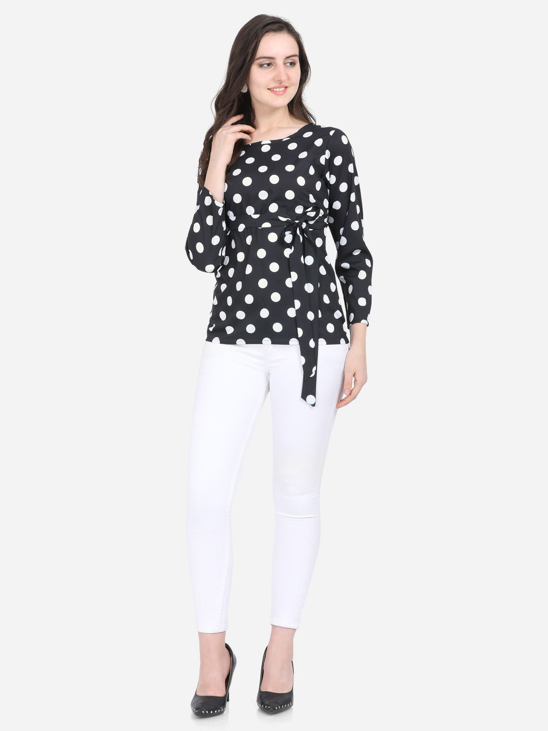 Aumira Womens Polka Dot Printed Crepe Top with Waist Tie-Up