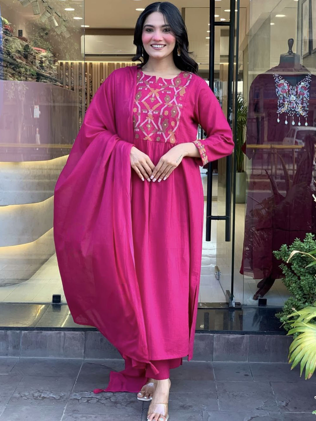CANIZZARO Geometric Yoke Design Chanderi Silk A-Line Kurta with Trousers & With