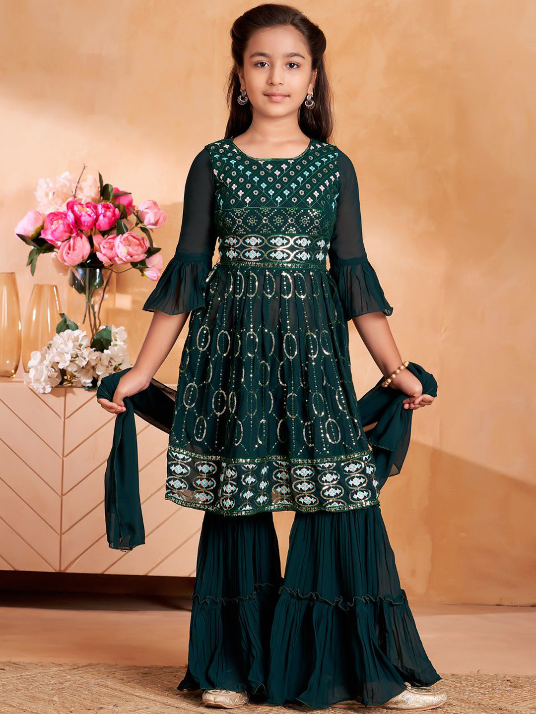 BAESD Girls Regular Thread Embroidery Kurti Sharara Set With Dupatta