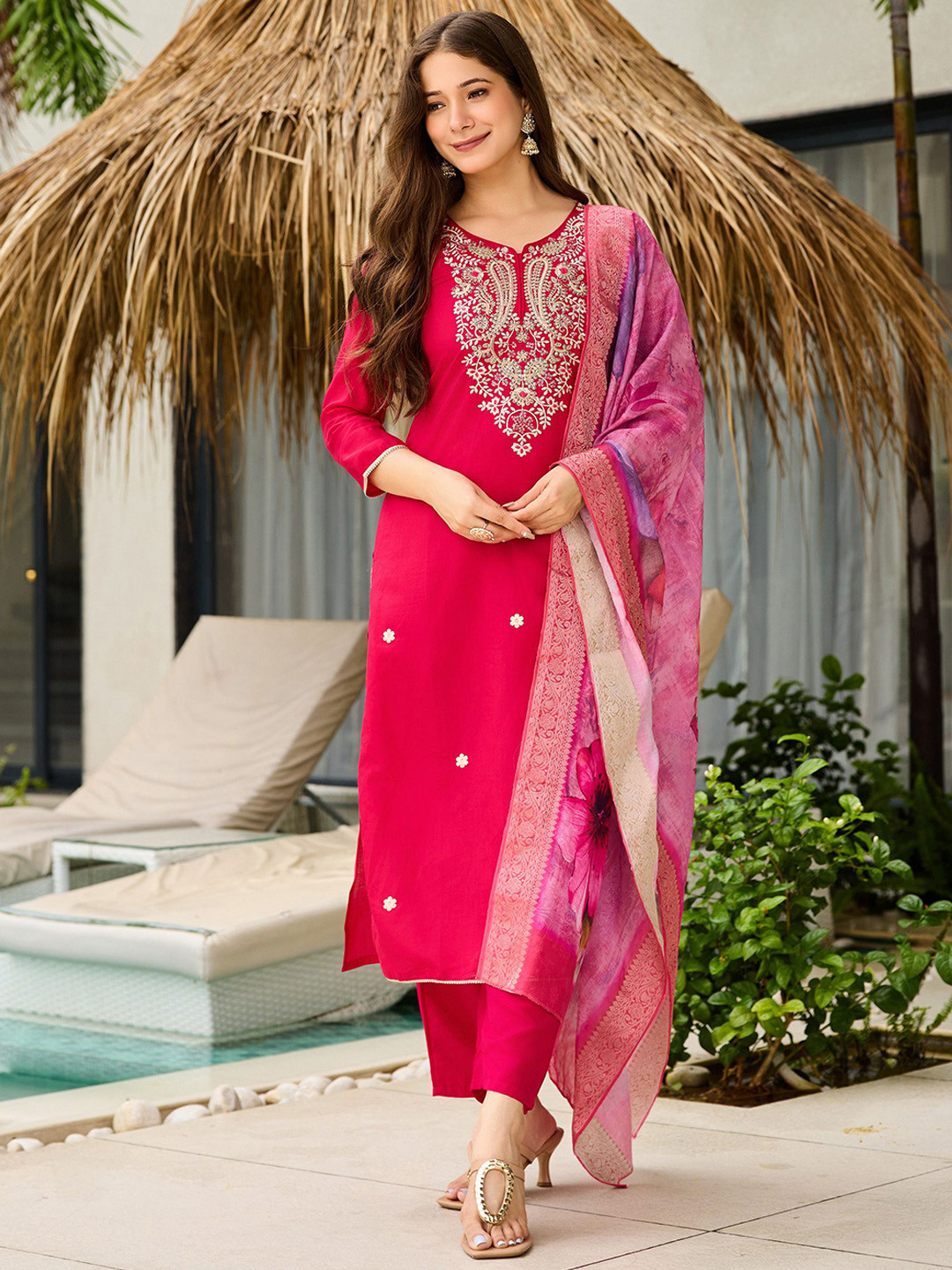 J.KANJI Women Floral Embroidered Kurta and Trousers With Dupatta