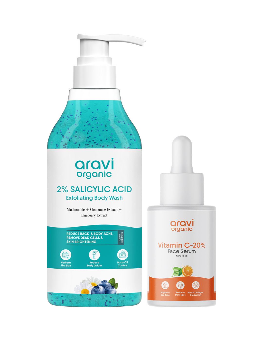 Aravi Organic Set Of 2 Vitamin C Face Serum- 30 ml & Exfoliating Body Wash- 300 ml