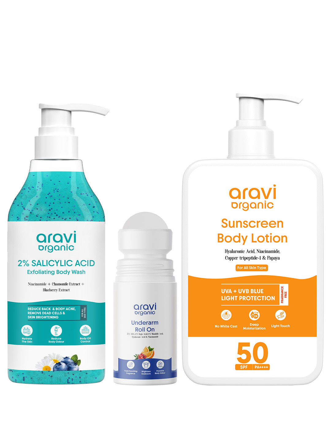 Aravi Organic Set Of 3 Salicylic Acid Body Wash, Sunscreen Body Lotion & Roll On