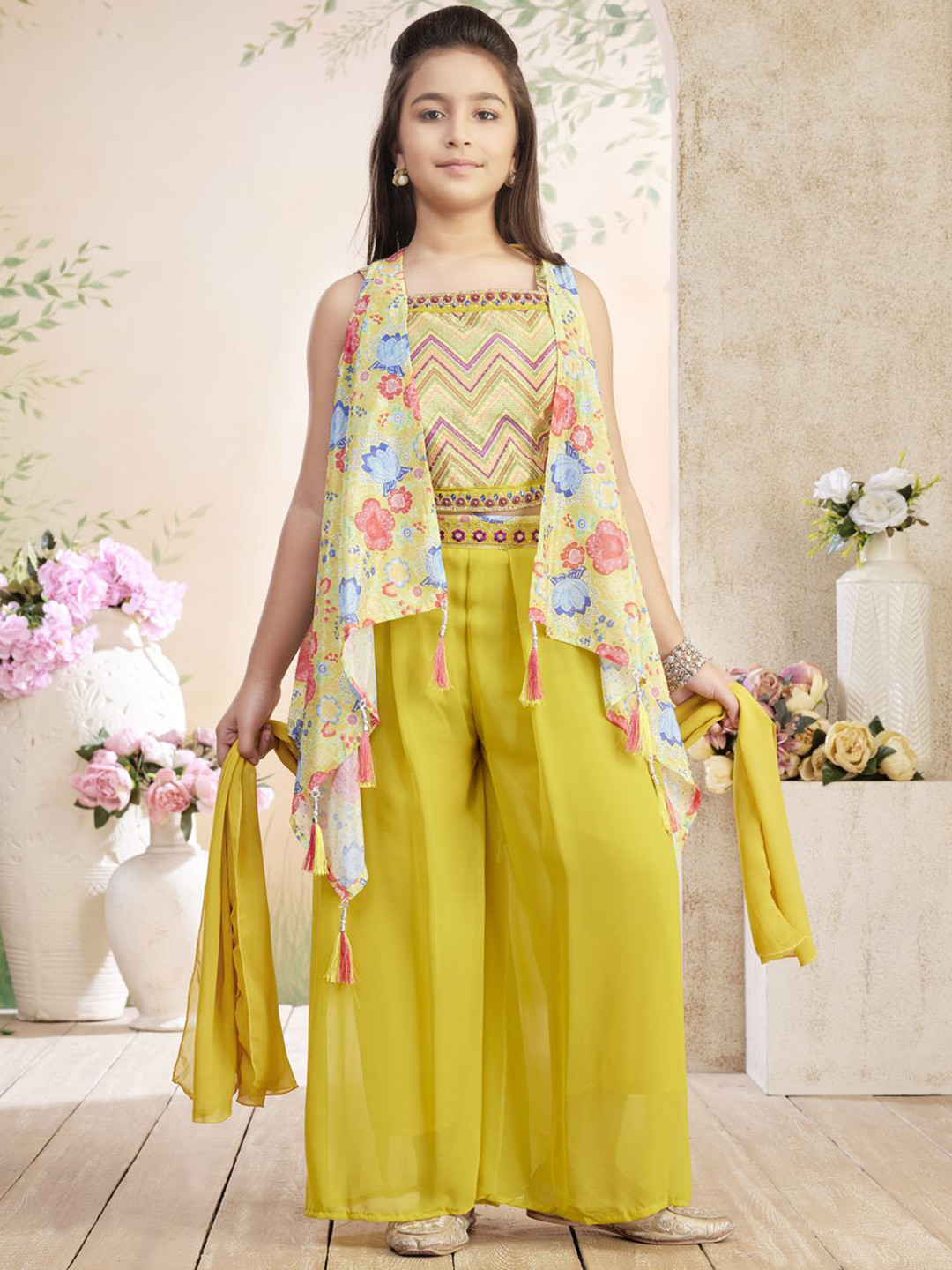 BAESD Girls Embroidery Georgette Kurti & Palazzo With Dupatta